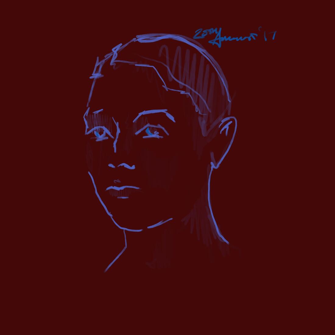 Portrait, blue on oxblood